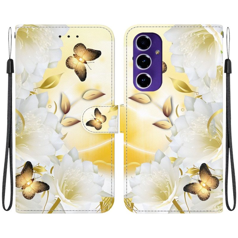 Lærdeksel Folio Deksel Samsung Galaxy A16 5g Gylden Sommerfugl Og Hvite Blomster