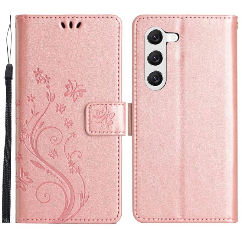 Folio Deksel Til Samsung Galaxy S23 Plus 5G Med Kjede Strappy Floral