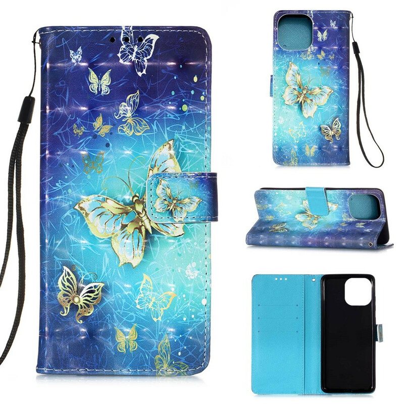 Folio Deksel Til iPhone 13 Mini Golden Butterflies Lanyard