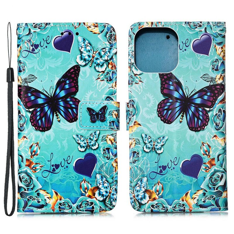 Folio Deksel Til iPhone 13 Mini Med Kjede Elsker Butterflies Strappy