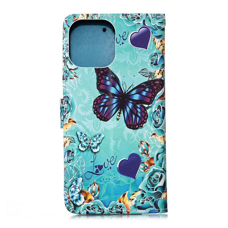 Folio Deksel Til iPhone 13 Mini Med Kjede Elsker Butterflies Strappy