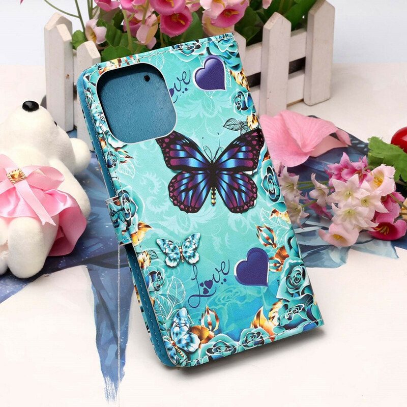 Folio Deksel Til iPhone 13 Mini Med Kjede Elsker Butterflies Strappy