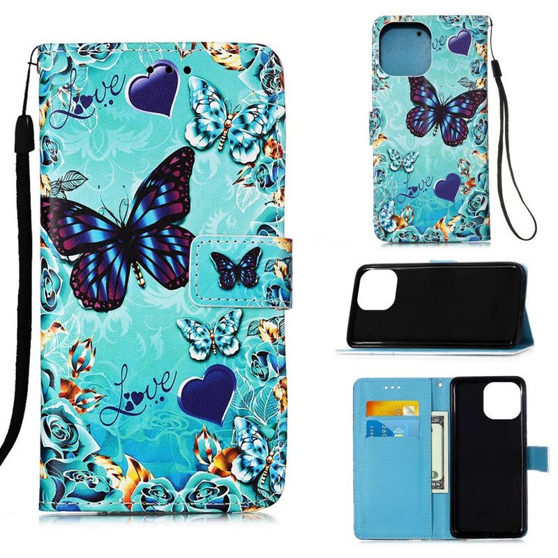 Folio Deksel Til iPhone 13 Mini Med Kjede Elsker Butterflies Strappy