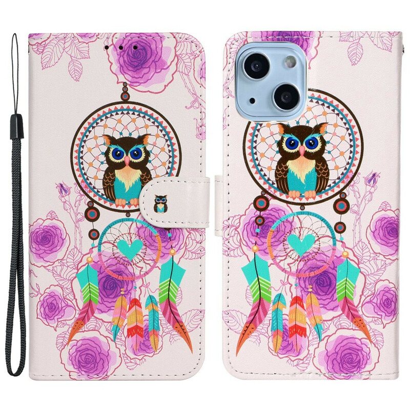 Folio Deksel Til iPhone 13 Mini Med Kjede Strappy Owl Mandala