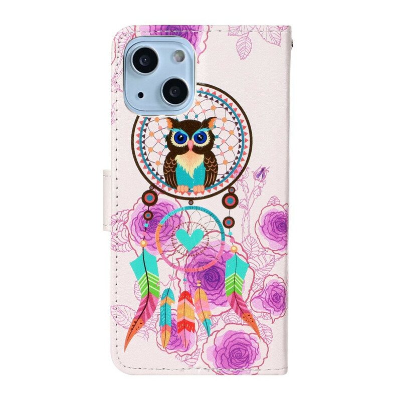 Folio Deksel Til iPhone 13 Mini Med Kjede Strappy Owl Mandala