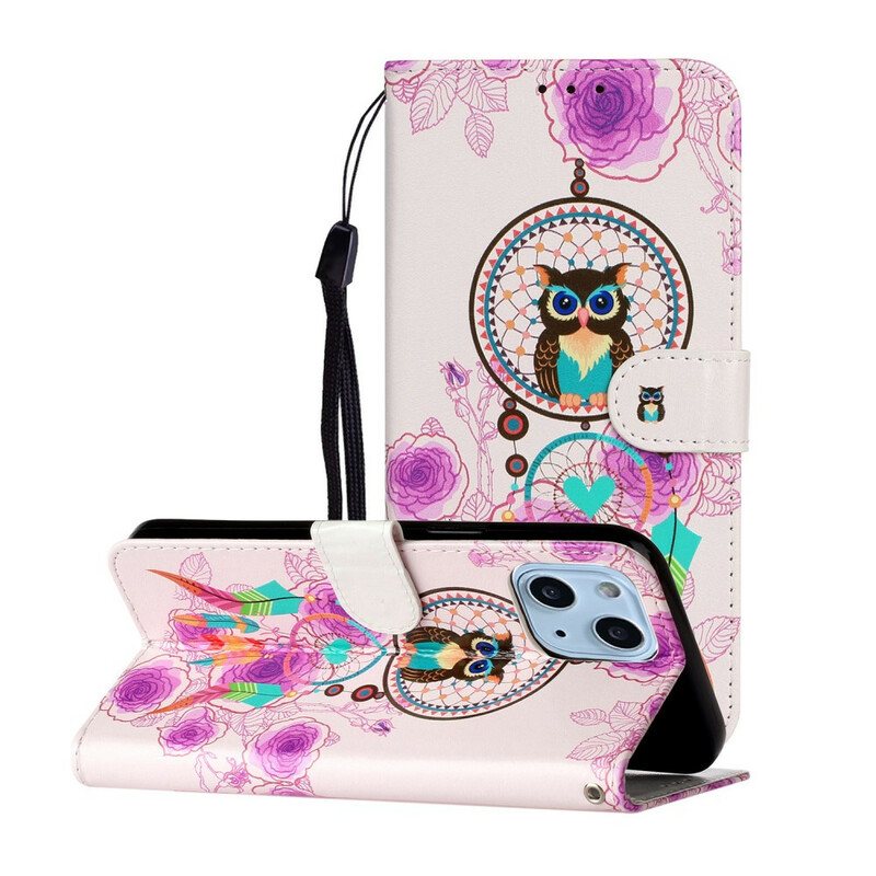 Folio Deksel Til iPhone 13 Mini Med Kjede Strappy Owl Mandala