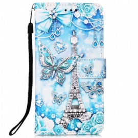 Folio Deksel Til Samsung Galaxy A33 5G Med Kjede Eiffeltårnets Sommerfuglstropp