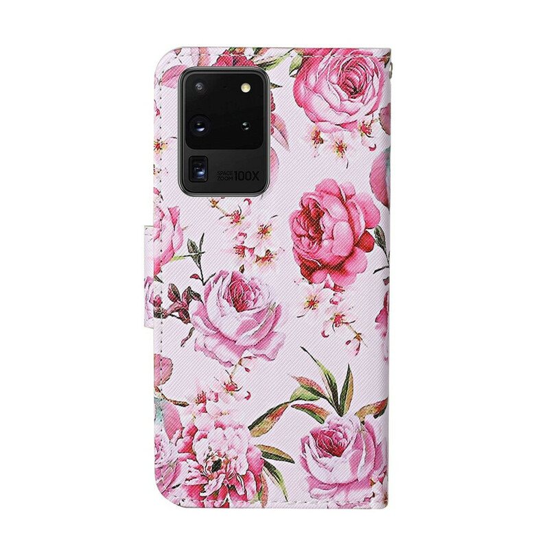 Folio Deksel Til Samsung Galaxy S20 Ultra Mesterlige Blomster Med Stropp