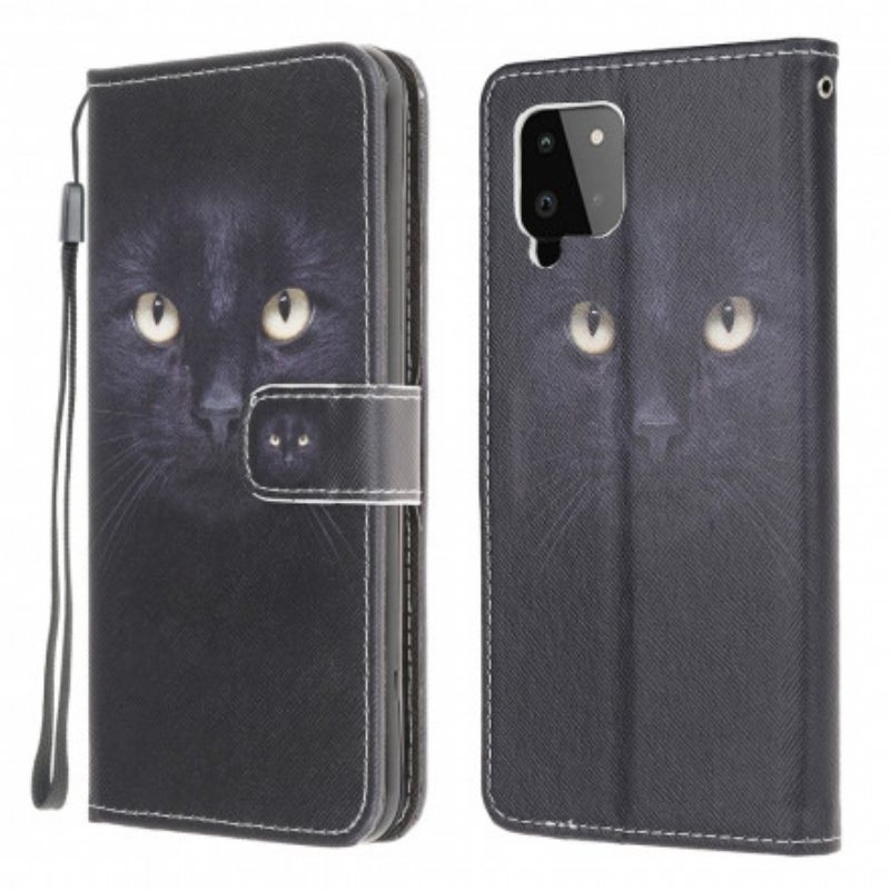 Folio Deksel Til Samsung Galaxy A22 Med Kjede Strappy Black Cat Eyes