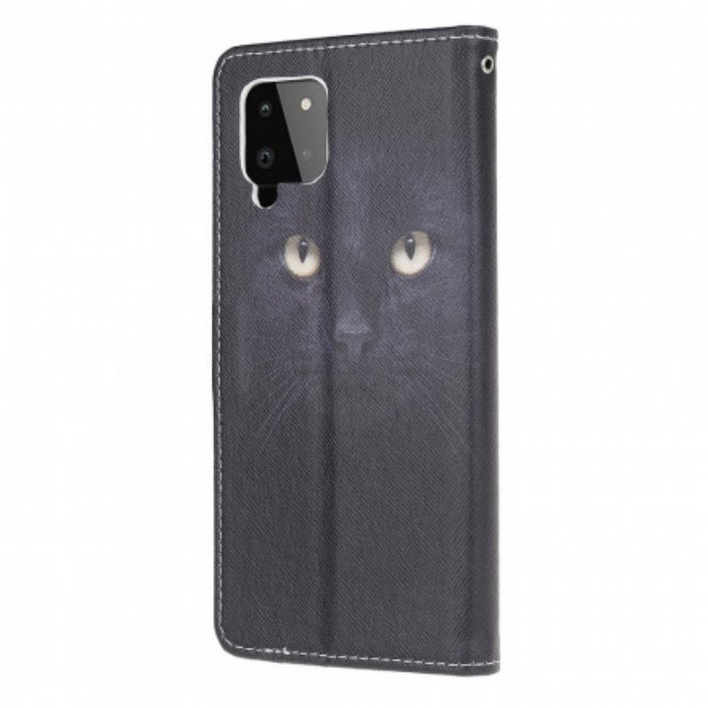 Folio Deksel Til Samsung Galaxy A22 Med Kjede Strappy Black Cat Eyes