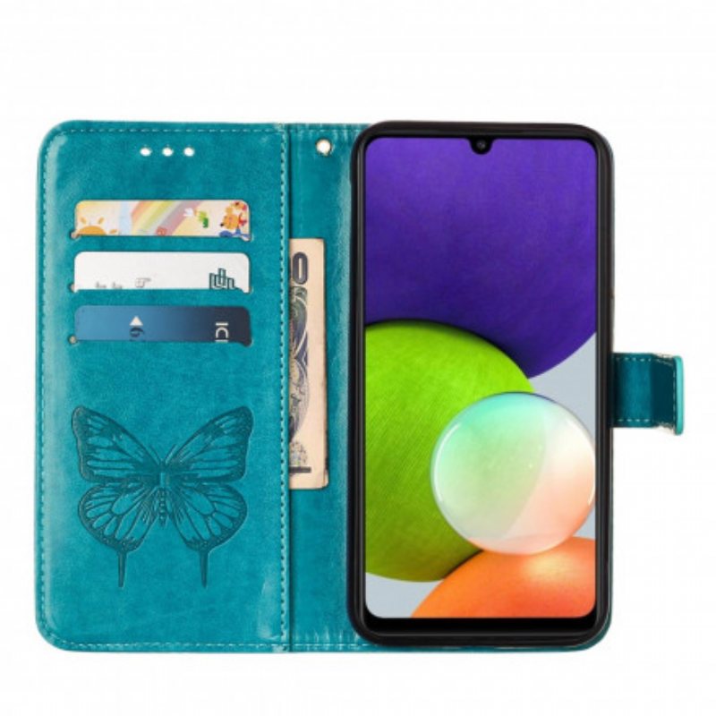 Folio Deksel Til Samsung Galaxy A22 Sommerfugldesign Med Snor