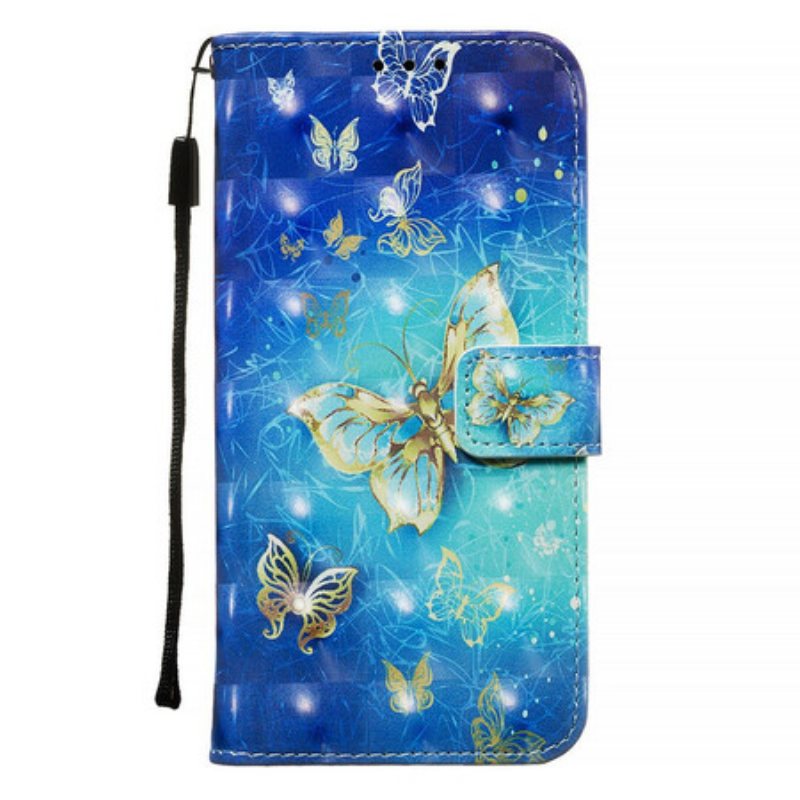 Folio Deksel Til Samsung Galaxy A71 Golden Butterflies Lanyard