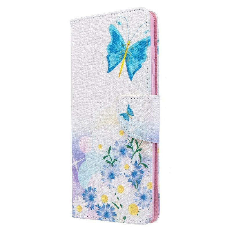 Folio Deksel Til Samsung Galaxy A71 Malte Sommerfugler Og Blomster