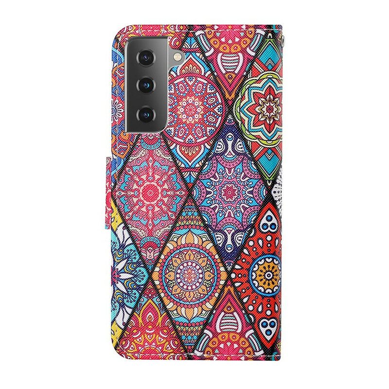 Folio Deksel Til Samsung Galaxy S21 FE Patchwork Med Snor