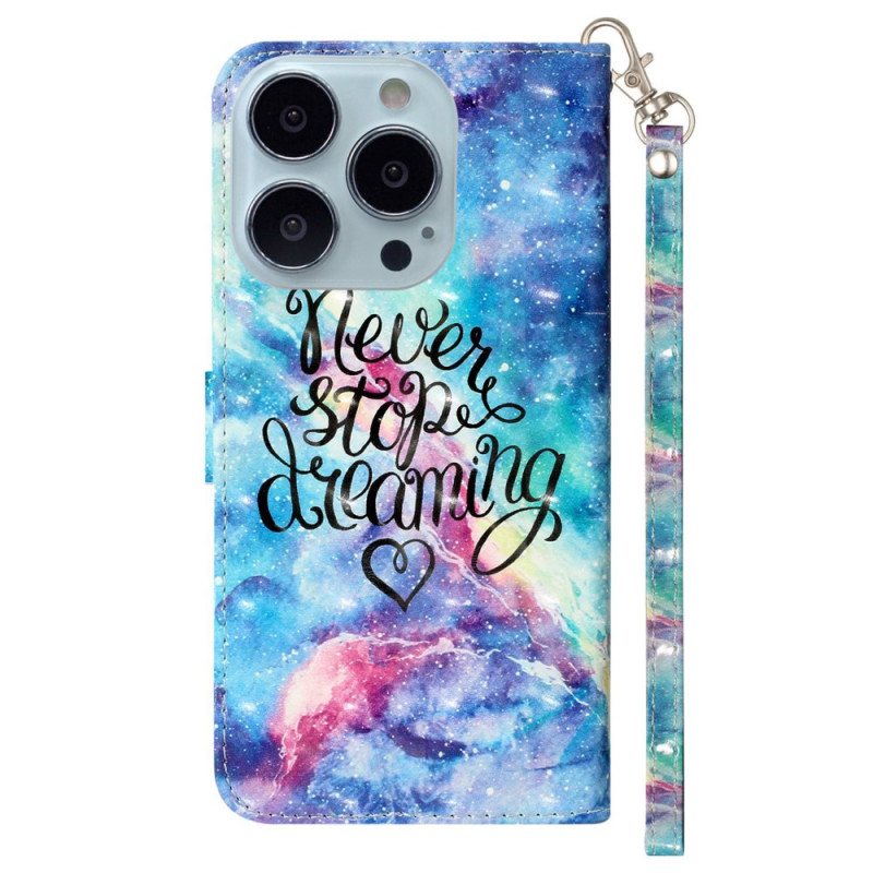 Folio Deksel Til iPhone 15 Pro Max Med Kjede Never Stop Dreaming 3d Strap