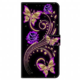 Folio Deksel Samsung Galaxy S24 5g Fiolette Blomster Og Sommerfugler