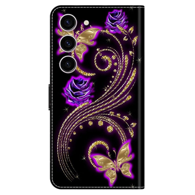 Folio Deksel Samsung Galaxy S24 5g Fiolette Blomster Og Sommerfugler