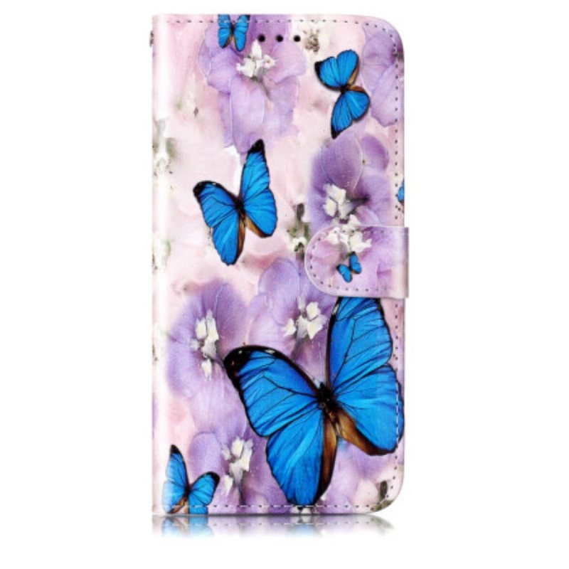 Folio Deksel Samsung Galaxy S24 5g Lilla Blomster Og Sommerfugler Med Stropp