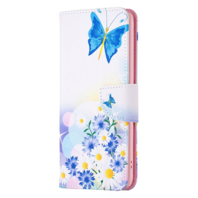 Lærdeksel Folio Deksel Samsung Galaxy S24 5g Mobildeksel Blå Sommerfugler Og Blomster