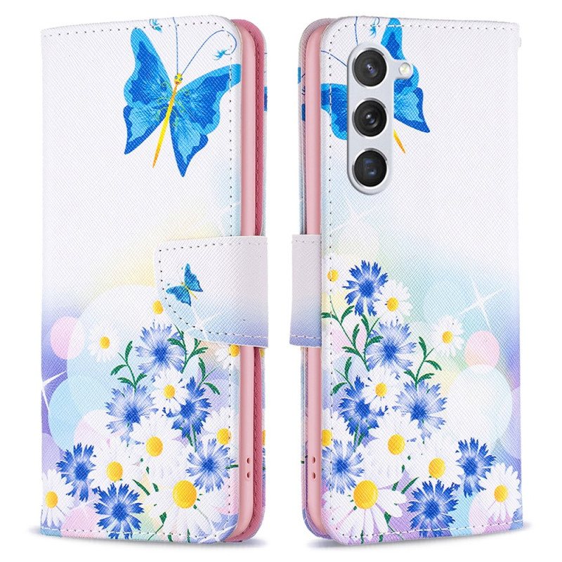 Lærdeksel Folio Deksel Samsung Galaxy S24 5g Mobildeksel Blå Sommerfugler Og Blomster