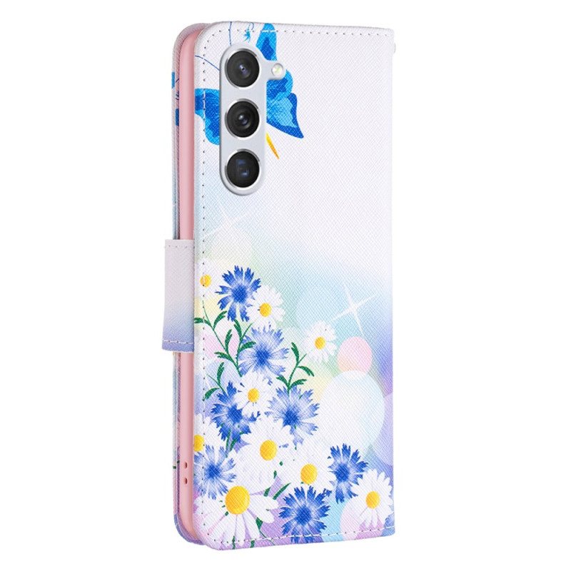 Lærdeksel Folio Deksel Samsung Galaxy S24 5g Mobildeksel Blå Sommerfugler Og Blomster