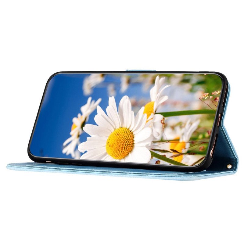 Lærdeksel Folio Deksel Samsung Galaxy S24 5g Mobildeksel Kunstnerisk Blomstermønster Med Stropp