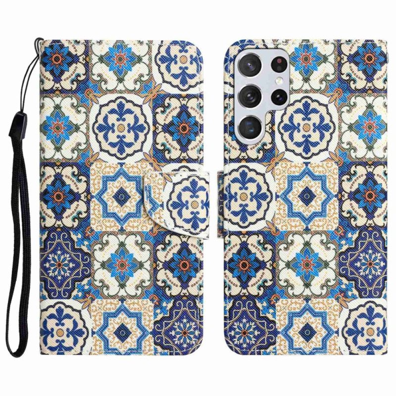 Folio Deksel Til Samsung Galaxy S23 Ultra 5G Med Kjede Strappy Patchwork