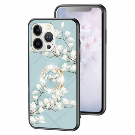 Deksel Til iPhone 15 Pro Blomstert Herdet Glass Med Støttering