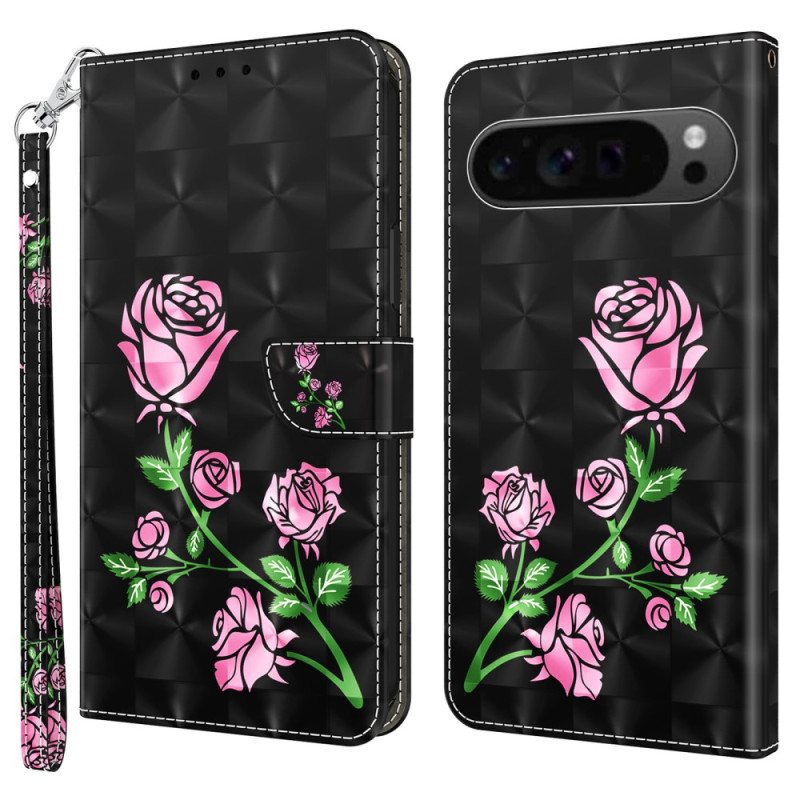 Folio Deksel Google Pixel 9 Pro Strappy Med Blomstertrykk