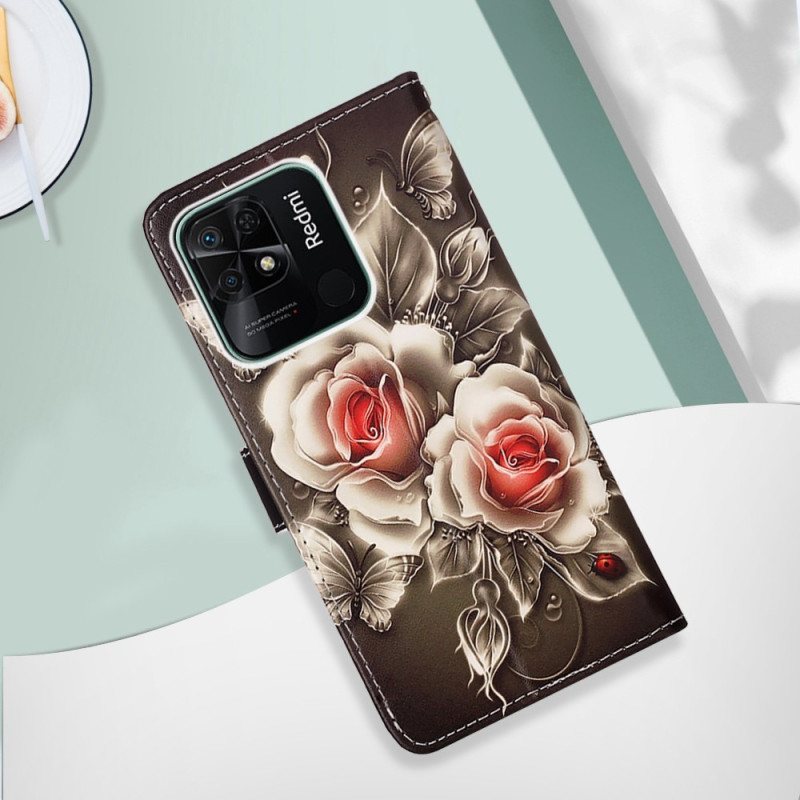 Folio Deksel Til Xiaomi Redmi 10C Med Kjede Blomstervariasjon Med Stropp