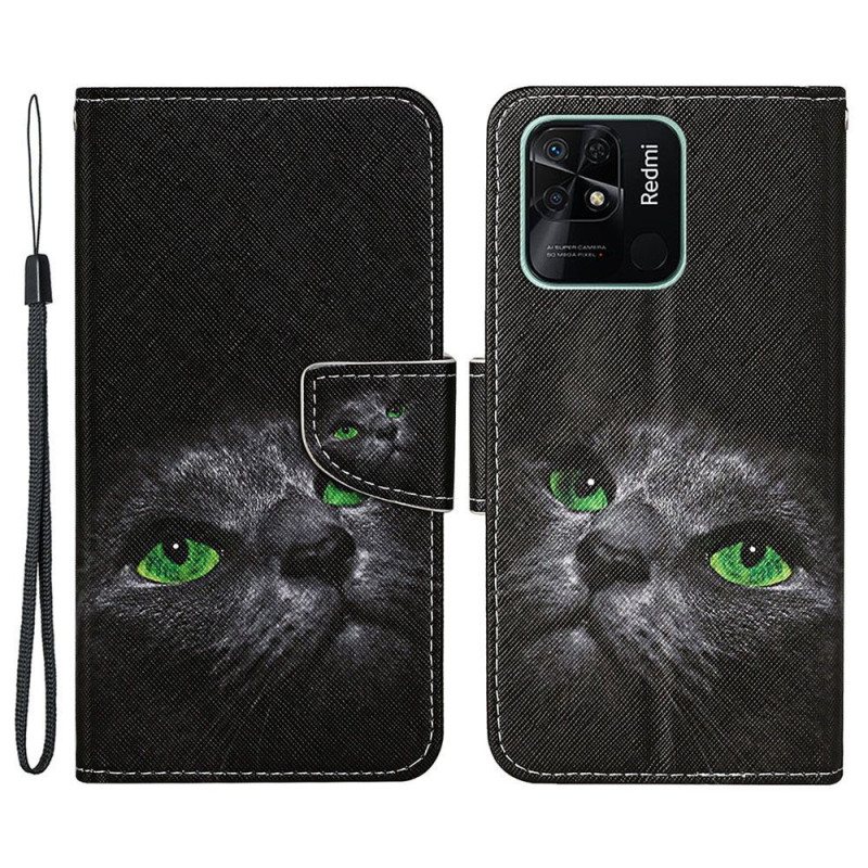 Folio Deksel Til Xiaomi Redmi 10C Med Kjede Green Eyed Cat I Stropp