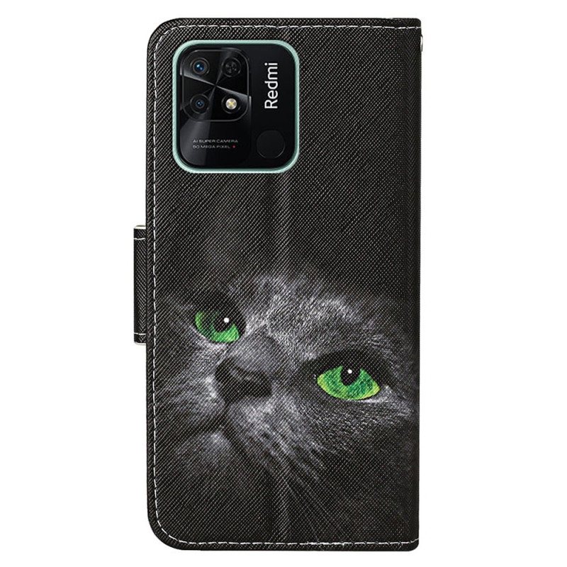 Folio Deksel Til Xiaomi Redmi 10C Med Kjede Green Eyed Cat I Stropp