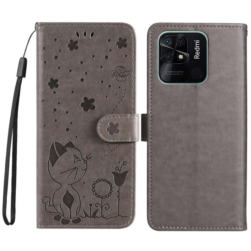 Folio Deksel Til Xiaomi Redmi 10C Med Kjede Strappy Cat And Bees