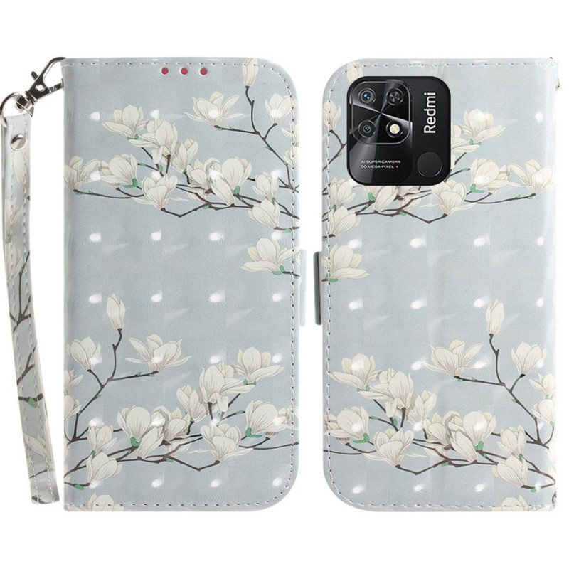 Folio Deksel Til Xiaomi Redmi 10C Med Kjede Strappy Hvite Blomster