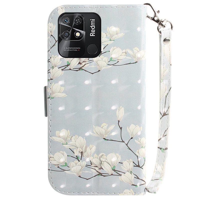 Folio Deksel Til Xiaomi Redmi 10C Med Kjede Strappy Hvite Blomster