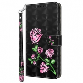 Lærdeksel Folio Deksel Xiaomi Redmi Note 13 Pro Plus 5g Mobildeksel Rosa Blomster Med Stropp