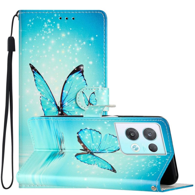 Lærdeksel Til Oppo Reno 8 Pro Med Kjede Blå Sommerfugler Med Stropp