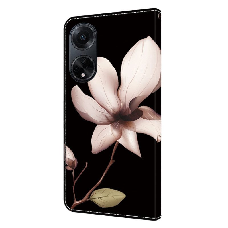 Folio Deksel Oppo A98 5g Rosa Blomst På Svart Bakgrunn