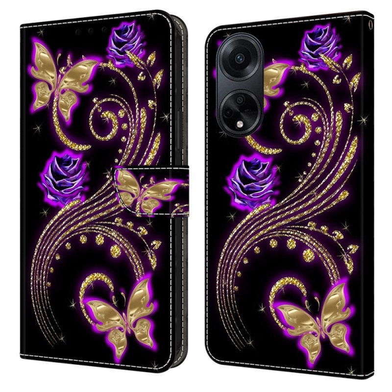 Folio Deksel Til Oppo A98 5g Fiolette Blomster Og Sommerfugler