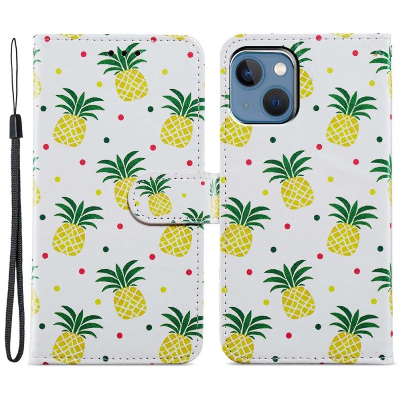 Folio Deksel Til iPhone 15 Med Kjede Ananas Med Stropp