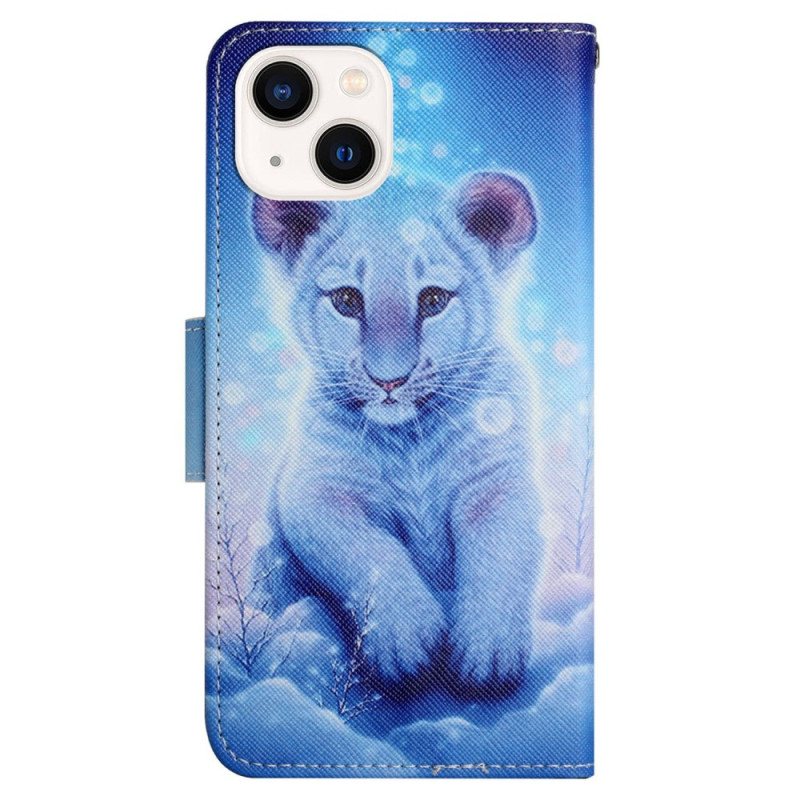 Folio Deksel Til iPhone 15 Med Kjede Babyleopard Med Stropp