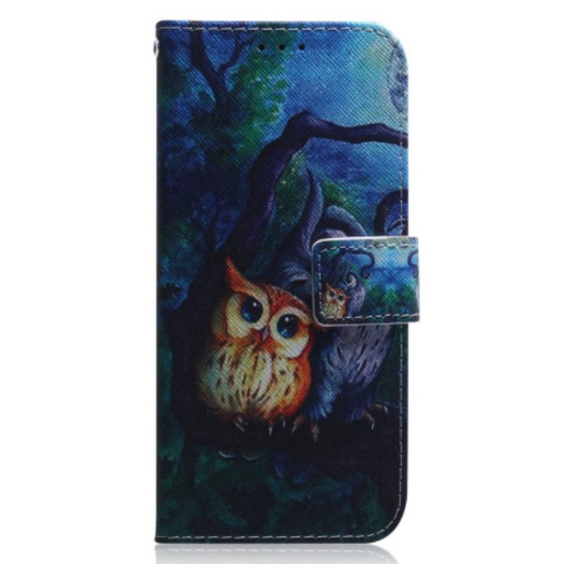 Folio Deksel Til Oppo Reno 8 Med Kjede Strappy Owls Maleri