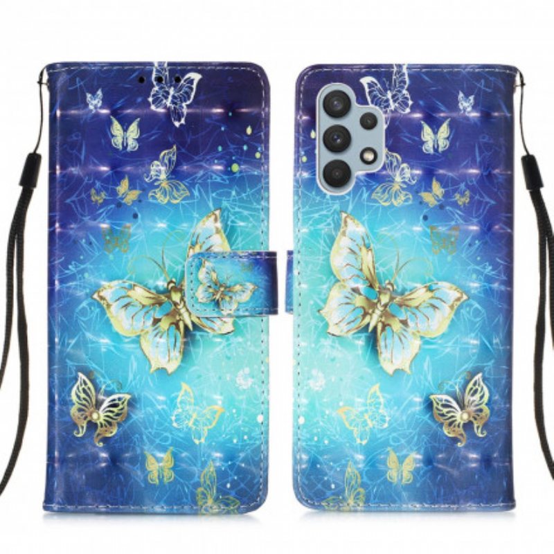 Folio Deksel Til Samsung Galaxy A32 Golden Butterflies Lanyard