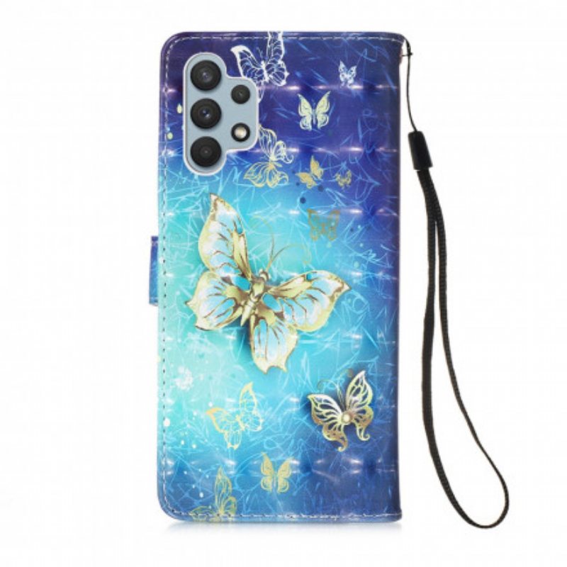 Folio Deksel Til Samsung Galaxy A32 Golden Butterflies Lanyard