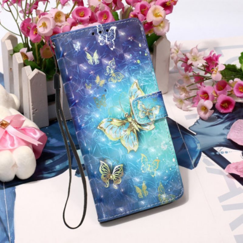 Folio Deksel Til Samsung Galaxy A32 Golden Butterflies Lanyard