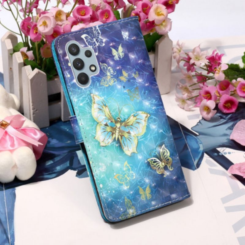 Folio Deksel Til Samsung Galaxy A32 Golden Butterflies Lanyard