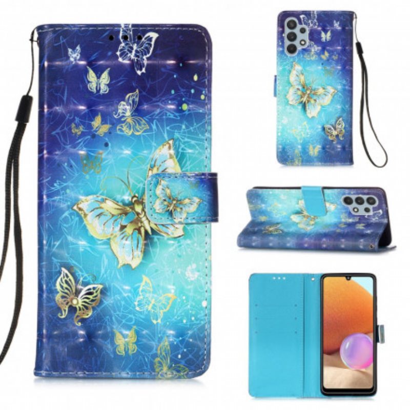 Folio Deksel Til Samsung Galaxy A32 Golden Butterflies Lanyard