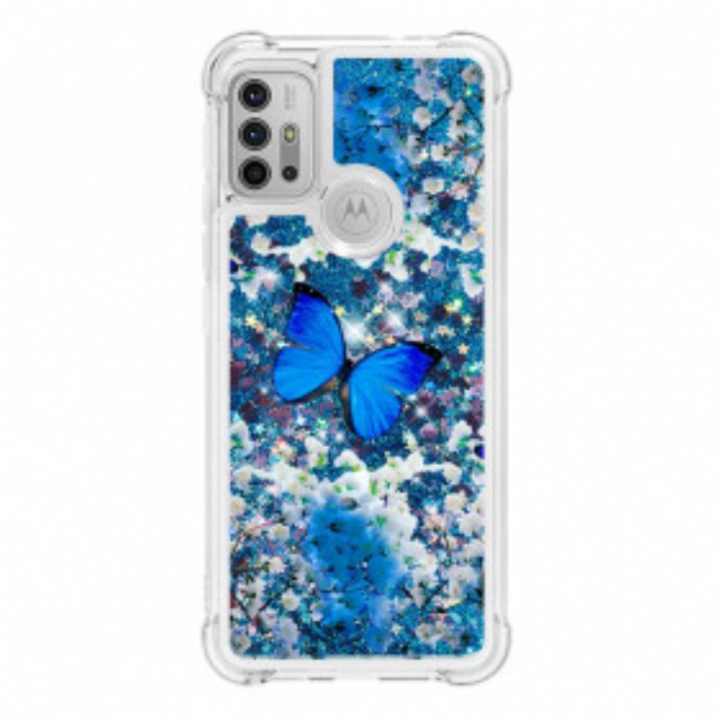 Deksel Til Moto G30 / G10 Glitter Blå Sommerfugler