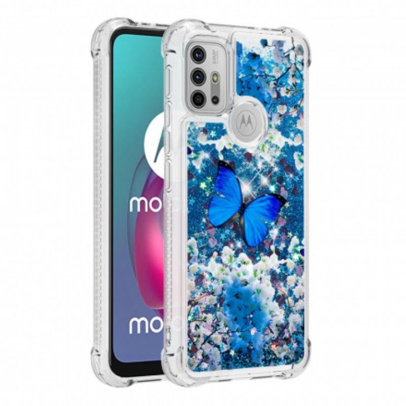 Deksel Til Moto G30 / G10 Glitter Blå Sommerfugler