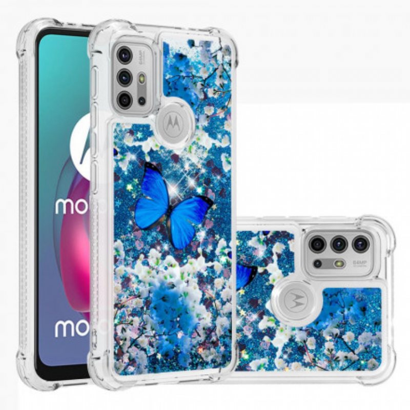 Deksel Til Moto G30 / G10 Glitter Blå Sommerfugler